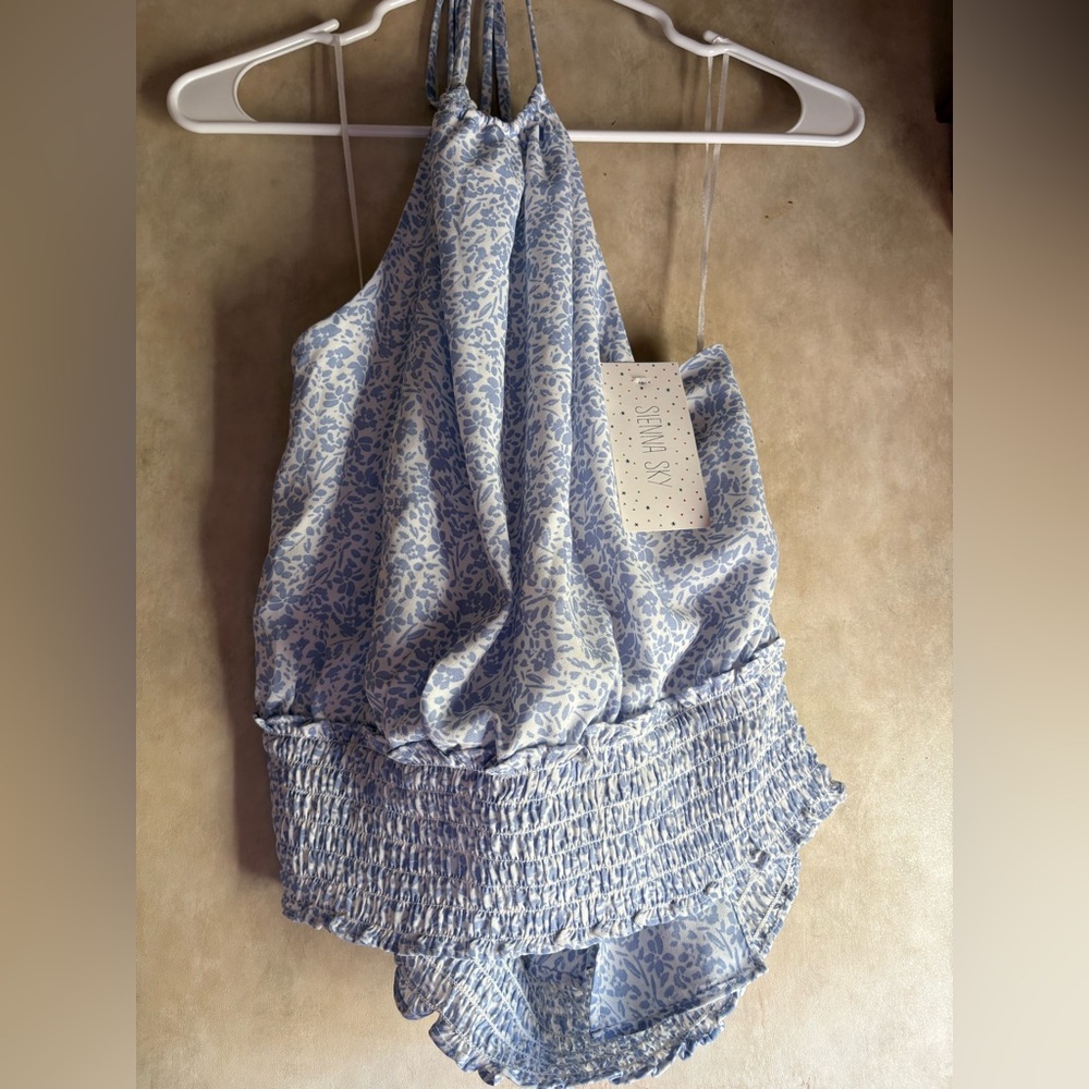 Sienna Sky Light Blue Floral Halter Smocked Waist Top